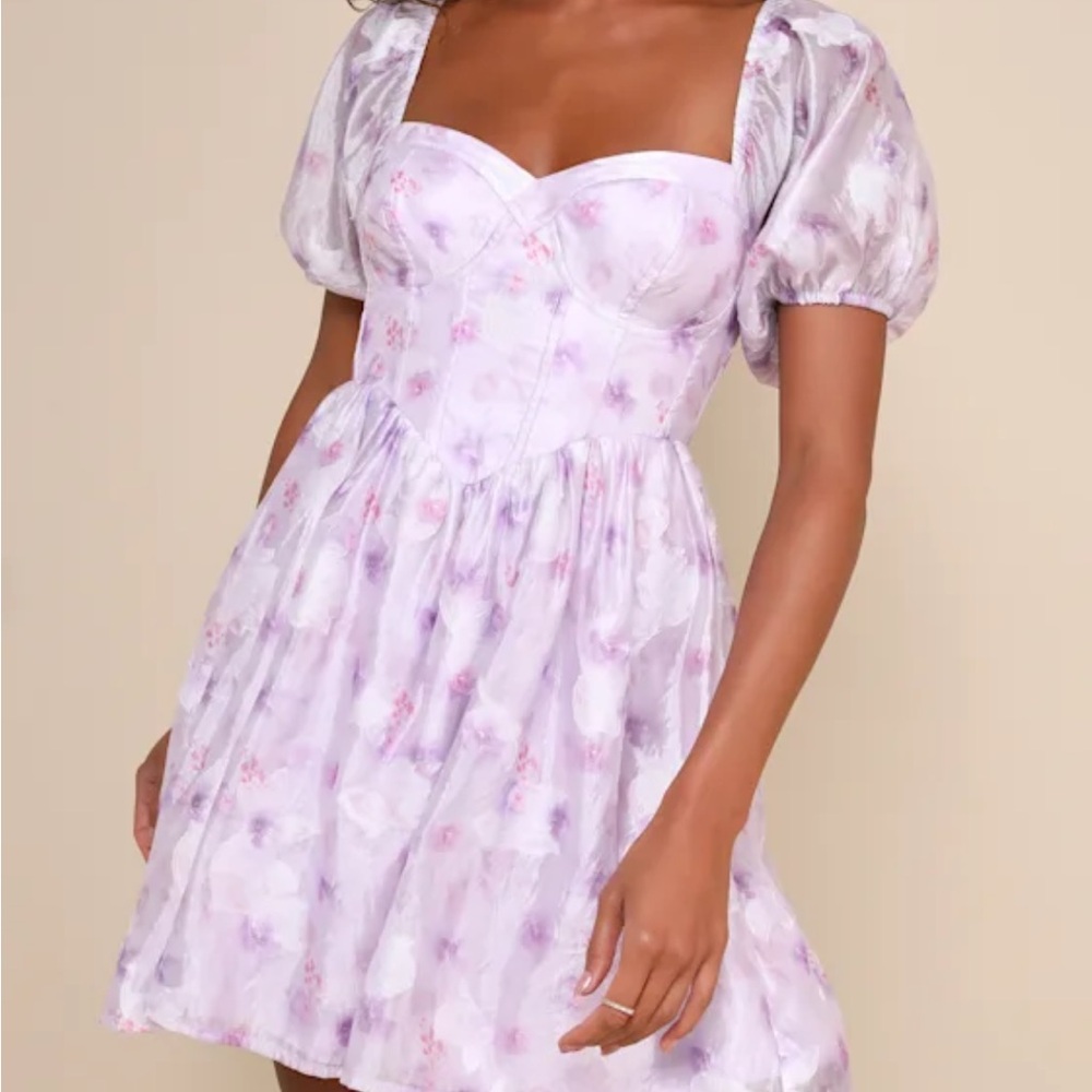 Lulus Lavender Floral Puff Sleeve Mini Dress Taylor Swift Eras Tour